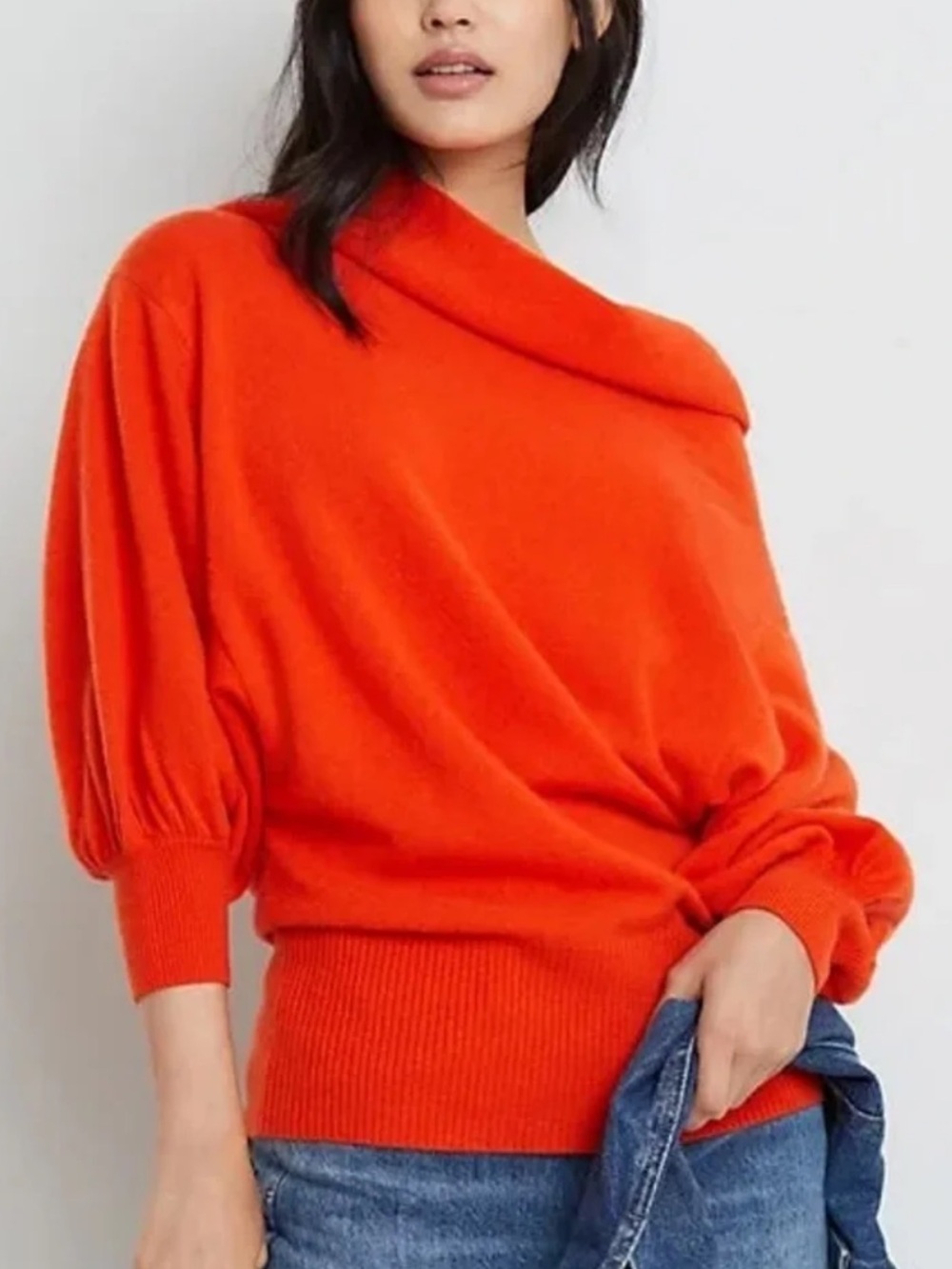 Anthropologie Natalie Cowl-Neck Cashmere Sweater Orange 3/4 Balloon Sleeve-S